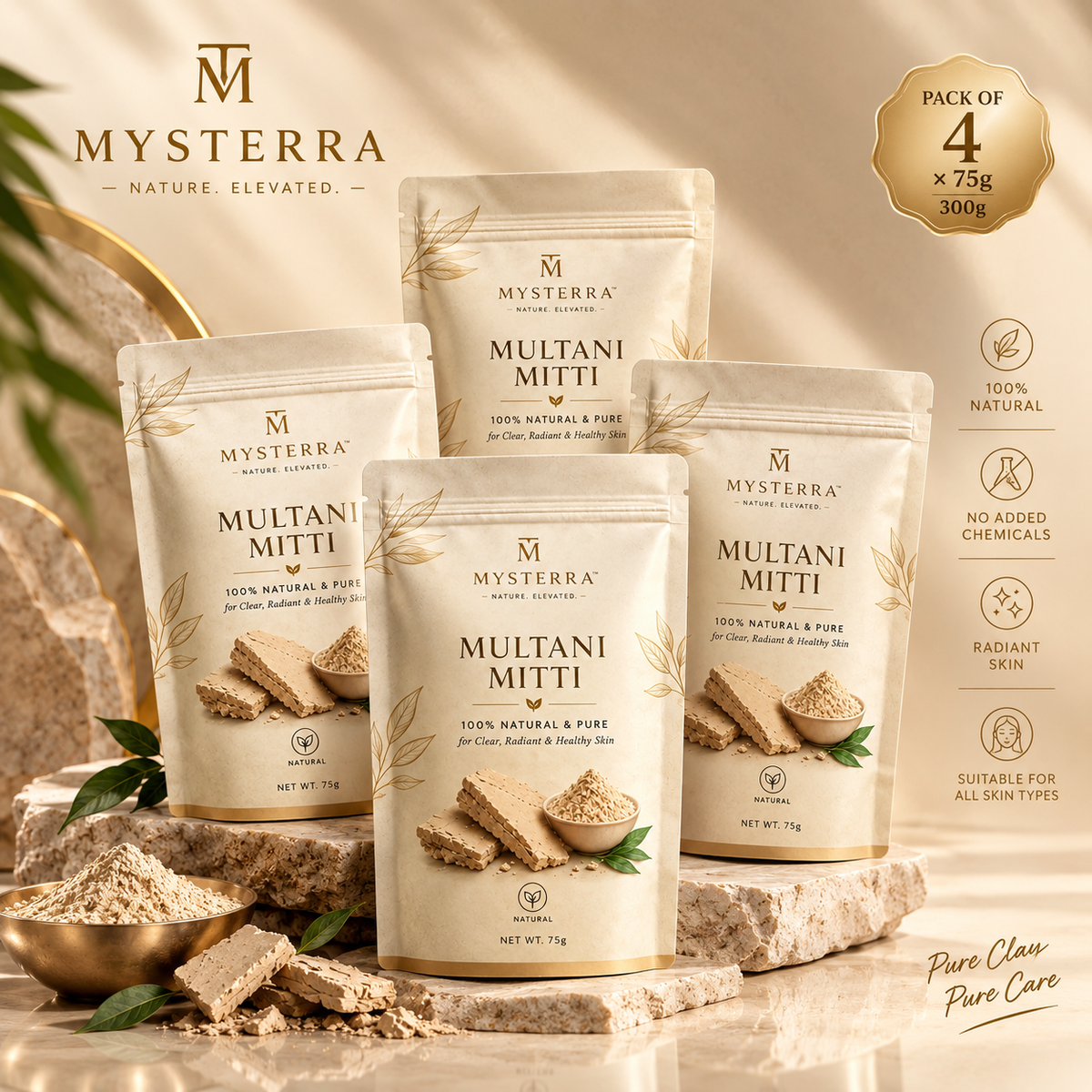 MYSTERRA 100% Natural & Pure Multani Mitti Face Pack Powder – Pack of 4 × 75g (300g)